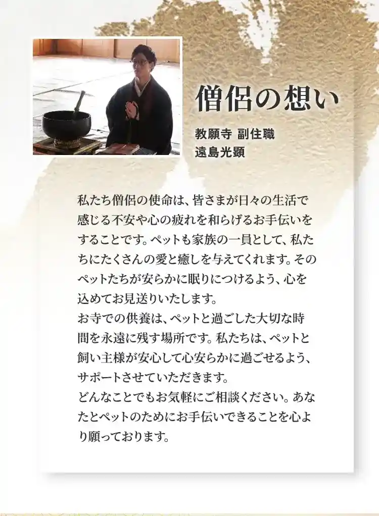 札幌市にあるペット葬儀、火葬、霊園の教願寺の副住職遠島のお言葉